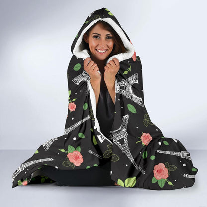 Eiffel Tower Rose Print Hooded Blanket-JTAMIGO.COM