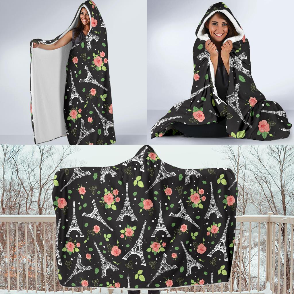 Eiffel Tower Rose Print Hooded Blanket-JTAMIGO.COM