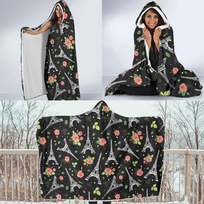 Eiffel Tower Rose Print Hooded Blanket-JTAMIGO.COM