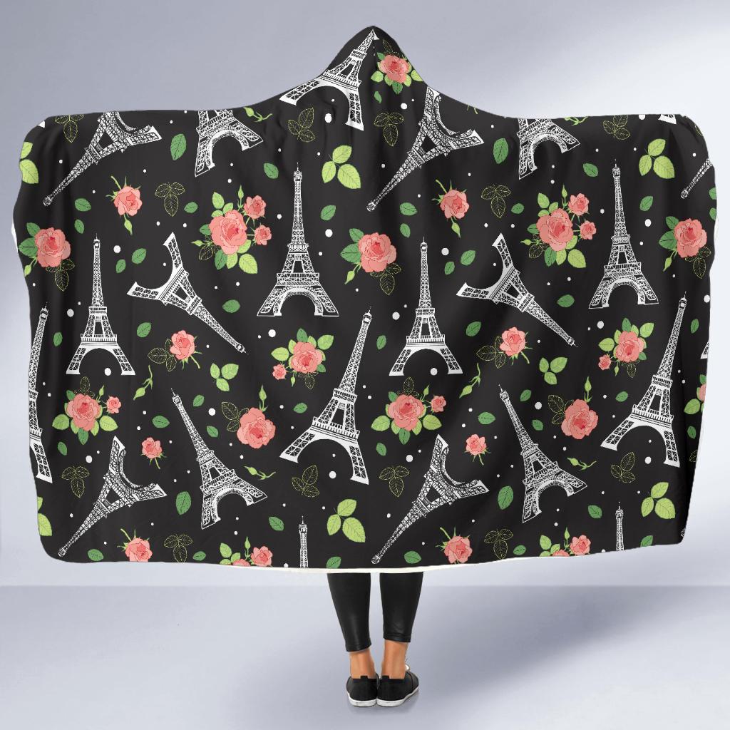 Eiffel Tower Rose Print Hooded Blanket-JTAMIGO.COM