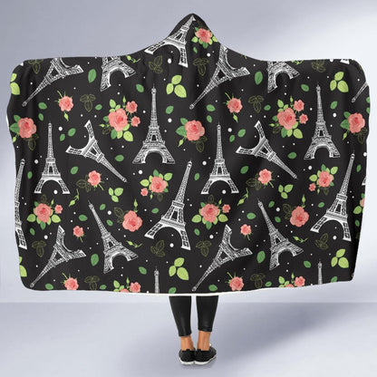 Eiffel Tower Rose Print Hooded Blanket-JTAMIGO.COM