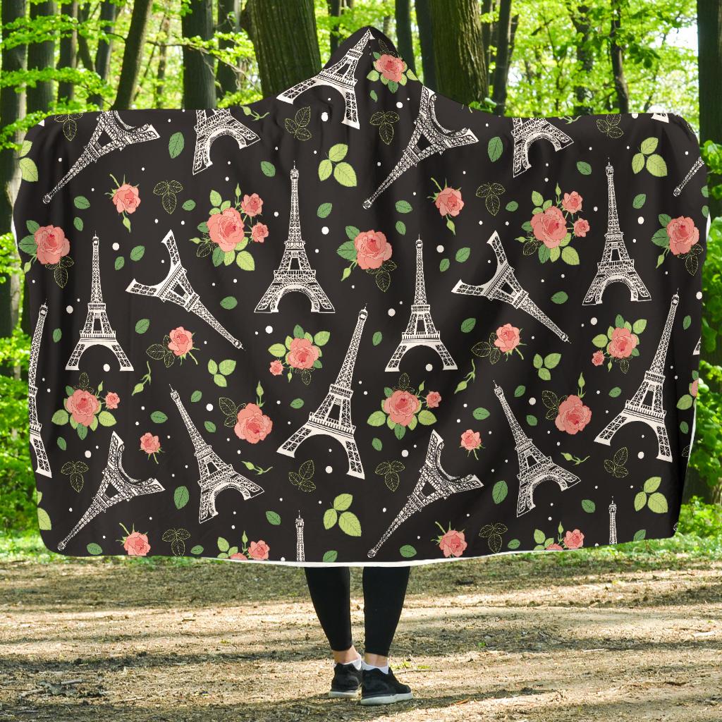 Eiffel Tower Rose Print Hooded Blanket-JTAMIGO.COM