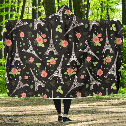 Eiffel Tower Rose Print Hooded Blanket-JTAMIGO.COM