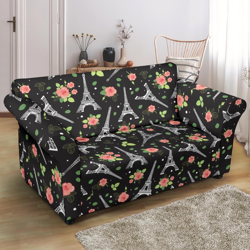 Eiffel Tower Rose Print Loveseat Slipcover-JTAMIGO.COM