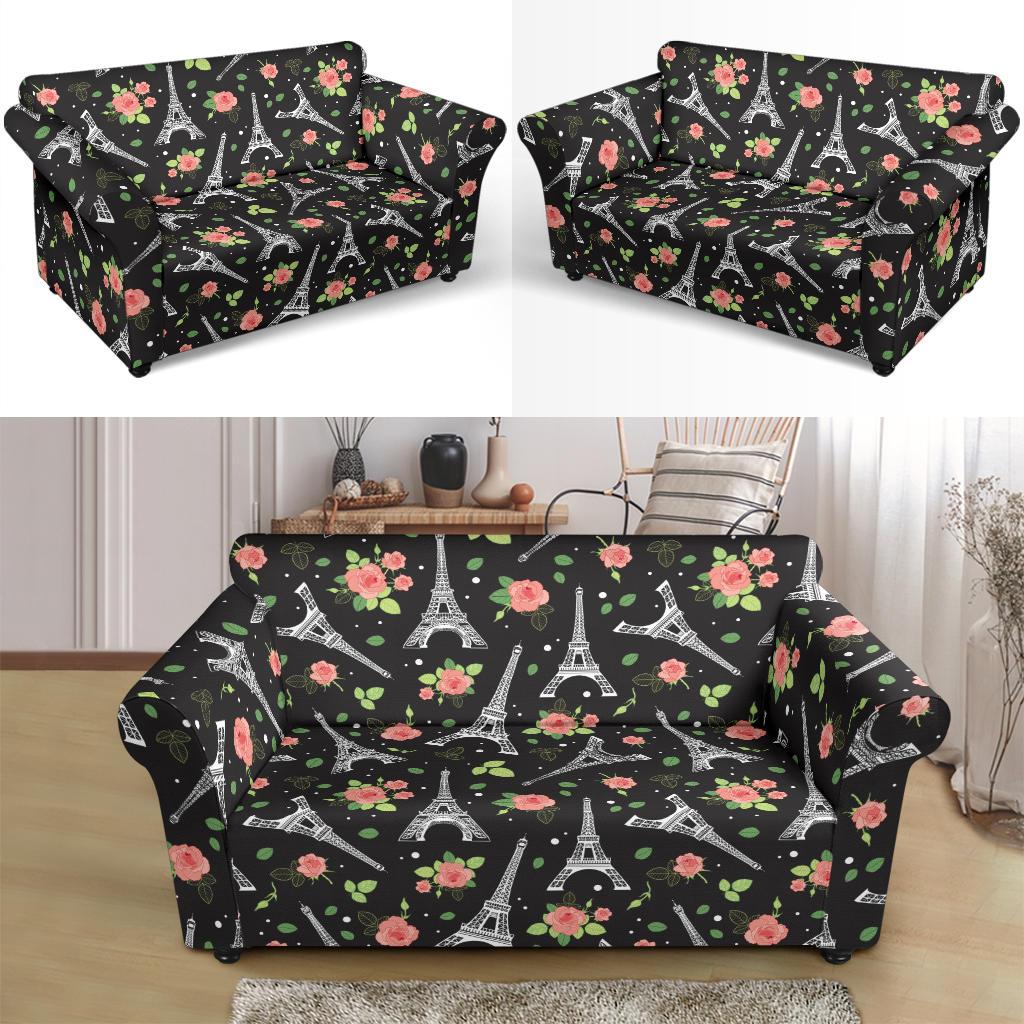Eiffel Tower Rose Print Loveseat Slipcover-JTAMIGO.COM