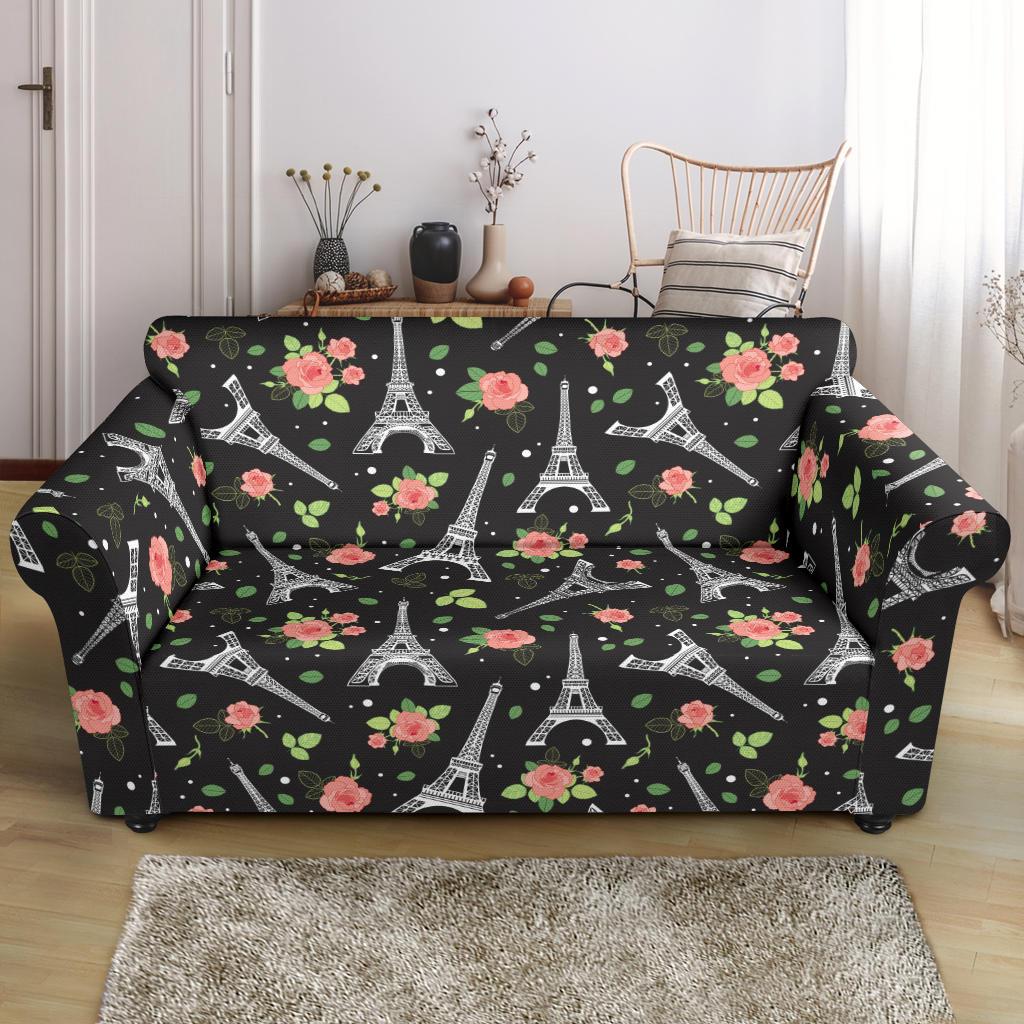 Eiffel Tower Rose Print Loveseat Slipcover-JTAMIGO.COM