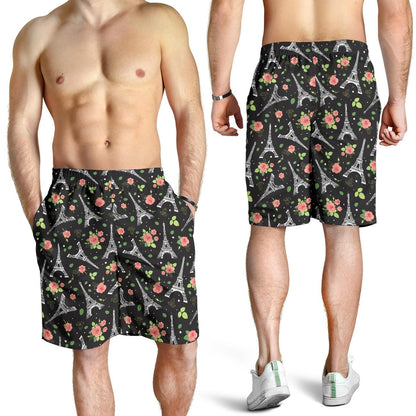 Eiffel Tower Rose Print Mens Shorts-JTAMIGO.COM