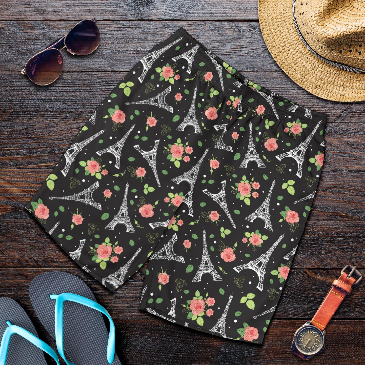Eiffel Tower Rose Print Mens Shorts-JTAMIGO.COM
