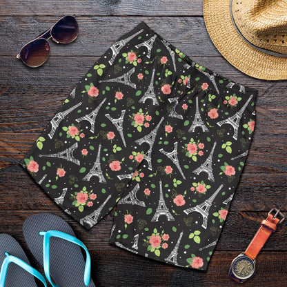 Eiffel Tower Rose Print Mens Shorts-JTAMIGO.COM