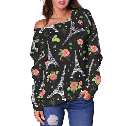 Eiffel Tower Rose Print Off Shoulder Sweatshirt