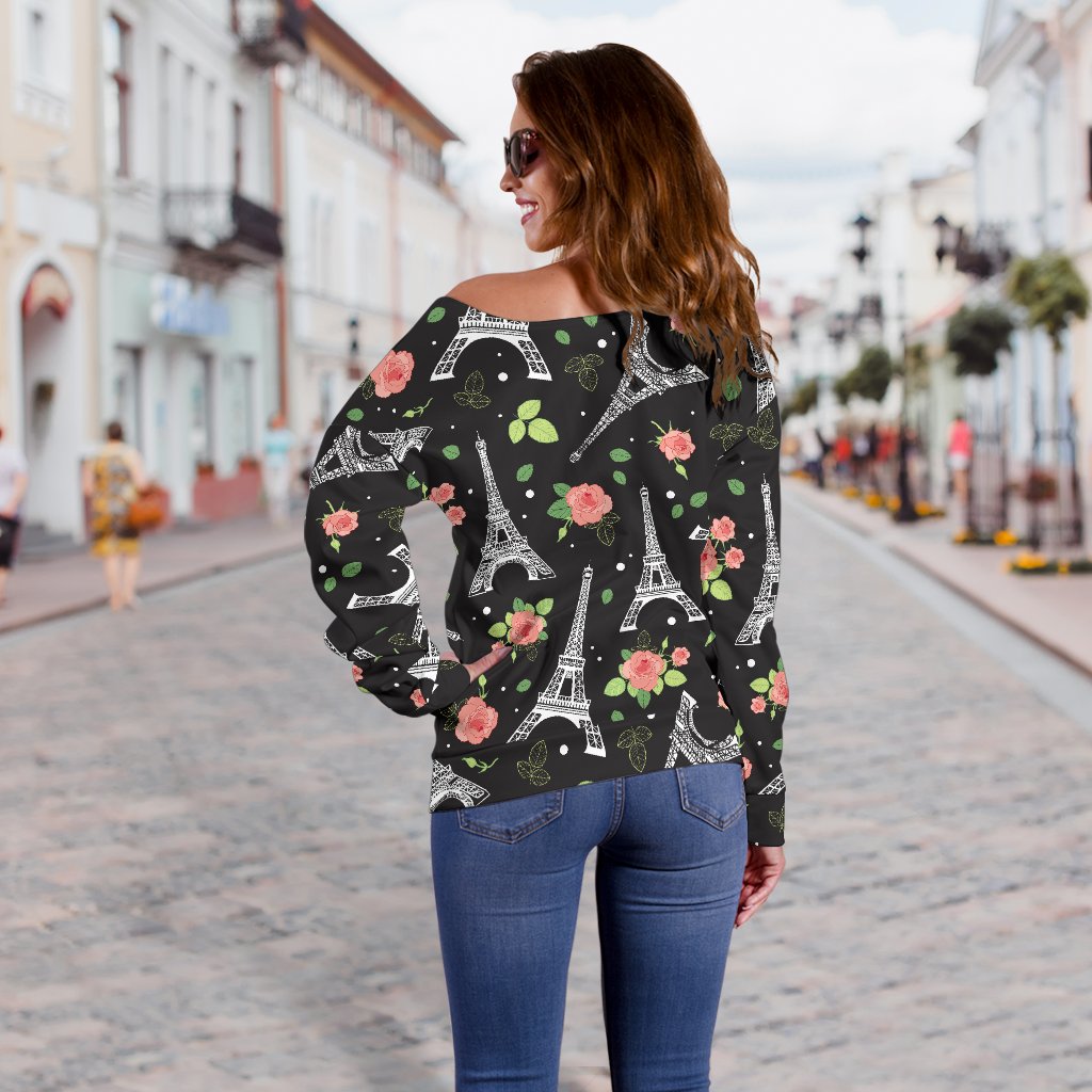 Eiffel Tower Rose Print Off Shoulder Sweatshirt