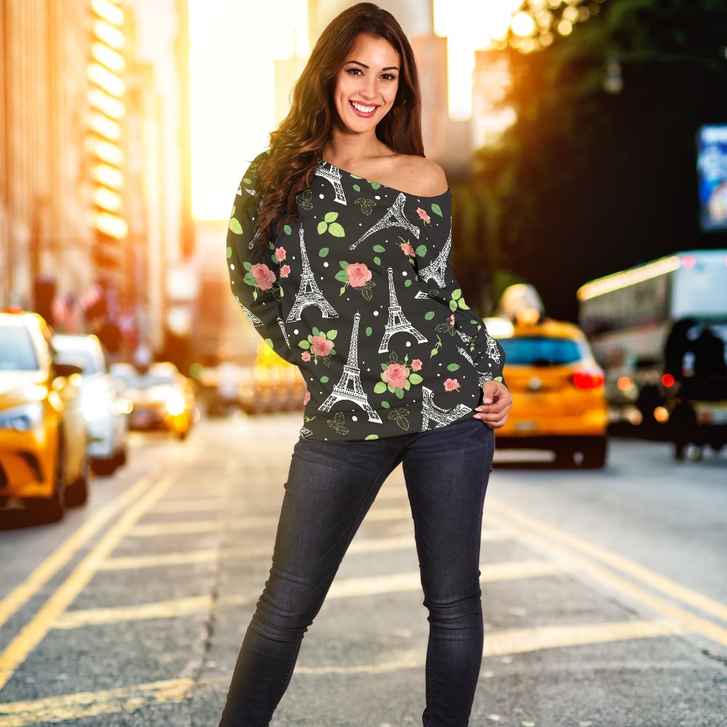Eiffel Tower Rose Print Off Shoulder Sweatshirt