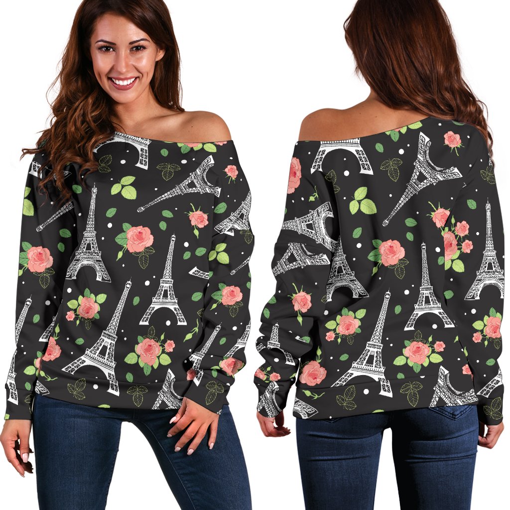 Eiffel Tower Rose Print Off Shoulder Sweatshirt