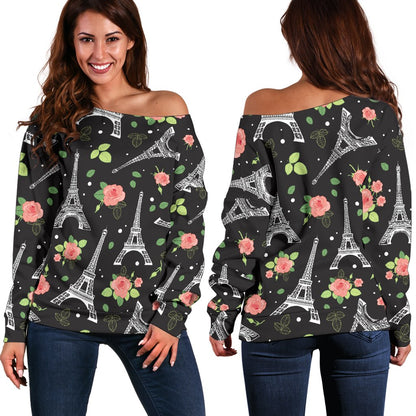 Eiffel Tower Rose Print Off Shoulder Sweatshirt