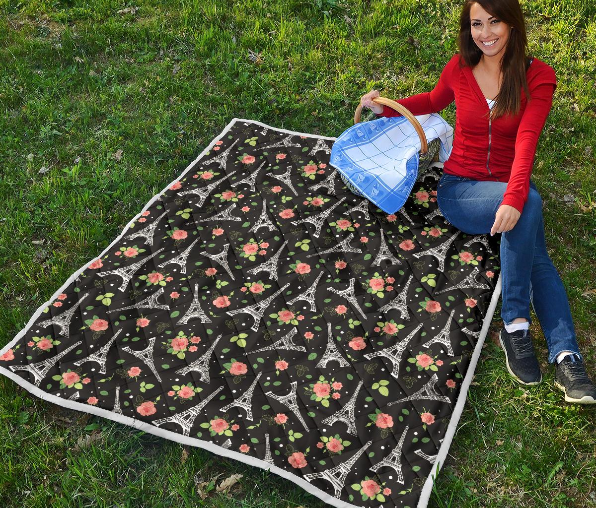 Eiffel Tower Rose Print Premium Quilt-JTAMIGO.COM