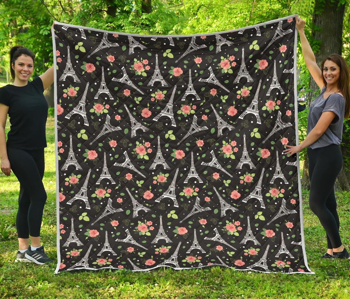 Eiffel Tower Rose Print Premium Quilt-JTAMIGO.COM