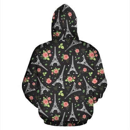 Eiffel Tower Rose Print Pullover Hoodie