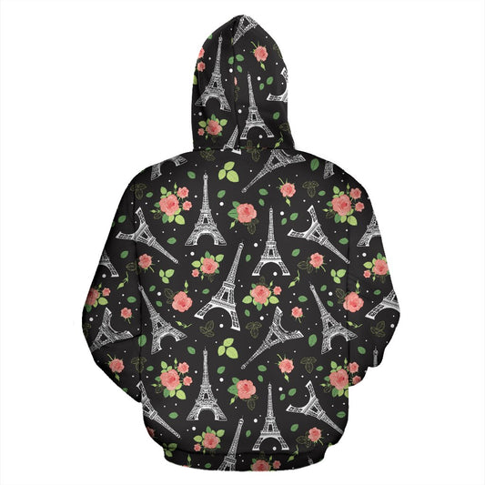 Eiffel Tower Rose Print Pullover Hoodie