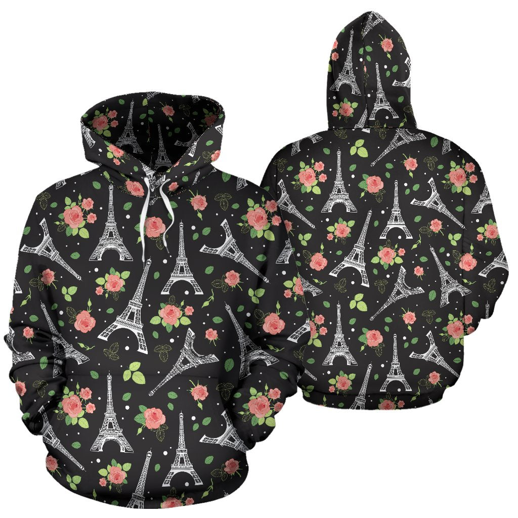 Eiffel Tower Rose Print Pullover Hoodie
