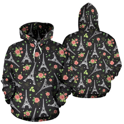 Eiffel Tower Rose Print Pullover Hoodie