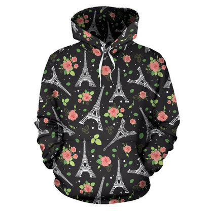 Eiffel Tower Rose Print Pullover Hoodie