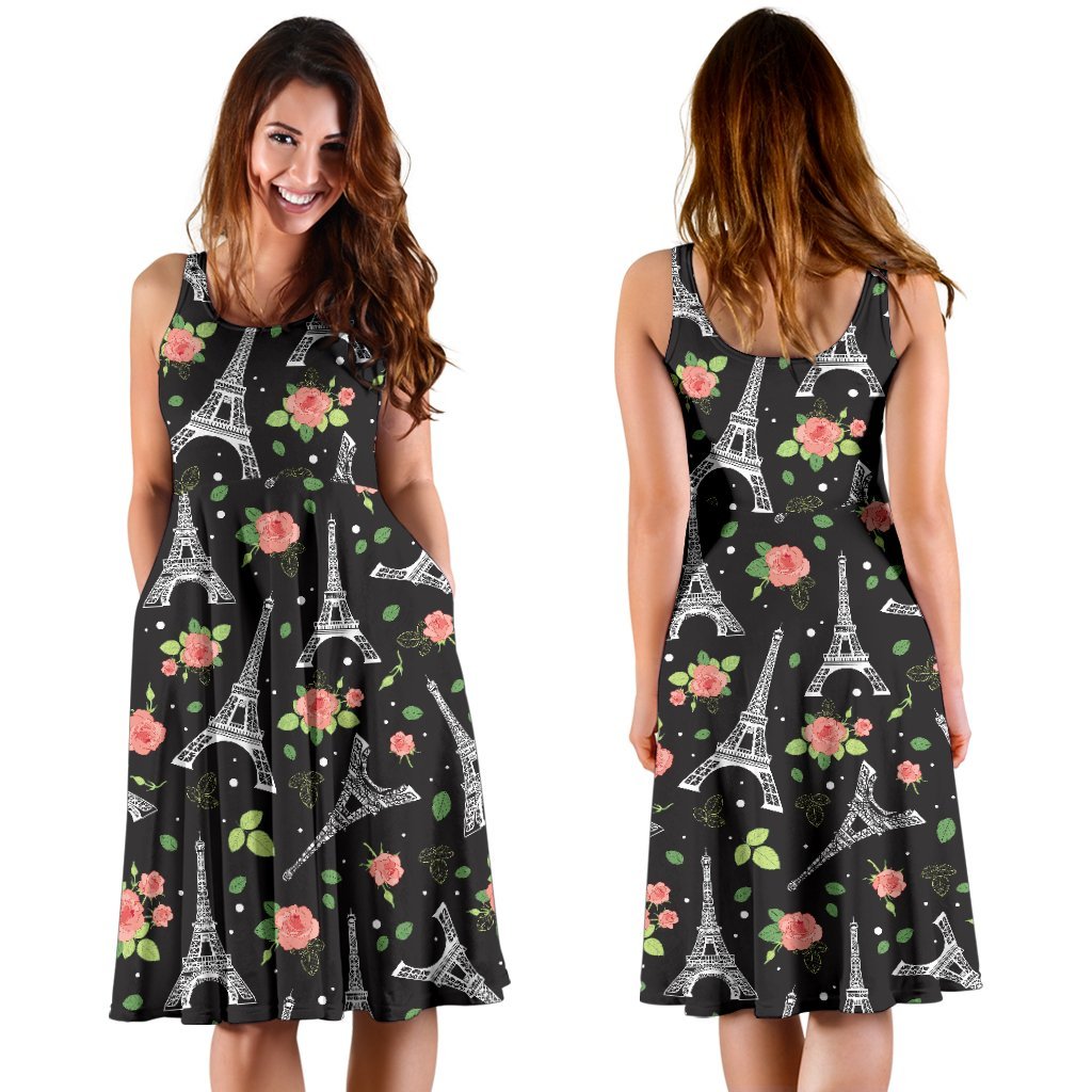 Eiffel Tower Rose Print Sleeveless Dress