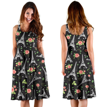 Eiffel Tower Rose Print Sleeveless Dress