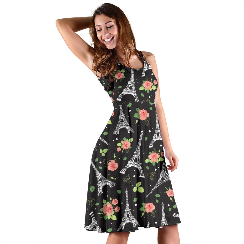 Eiffel Tower Rose Print Sleeveless Dress
