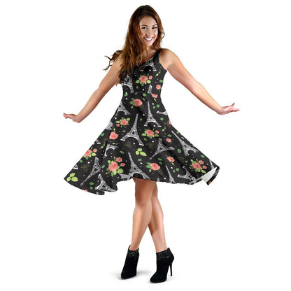 Eiffel Tower Rose Print Sleeveless Dress