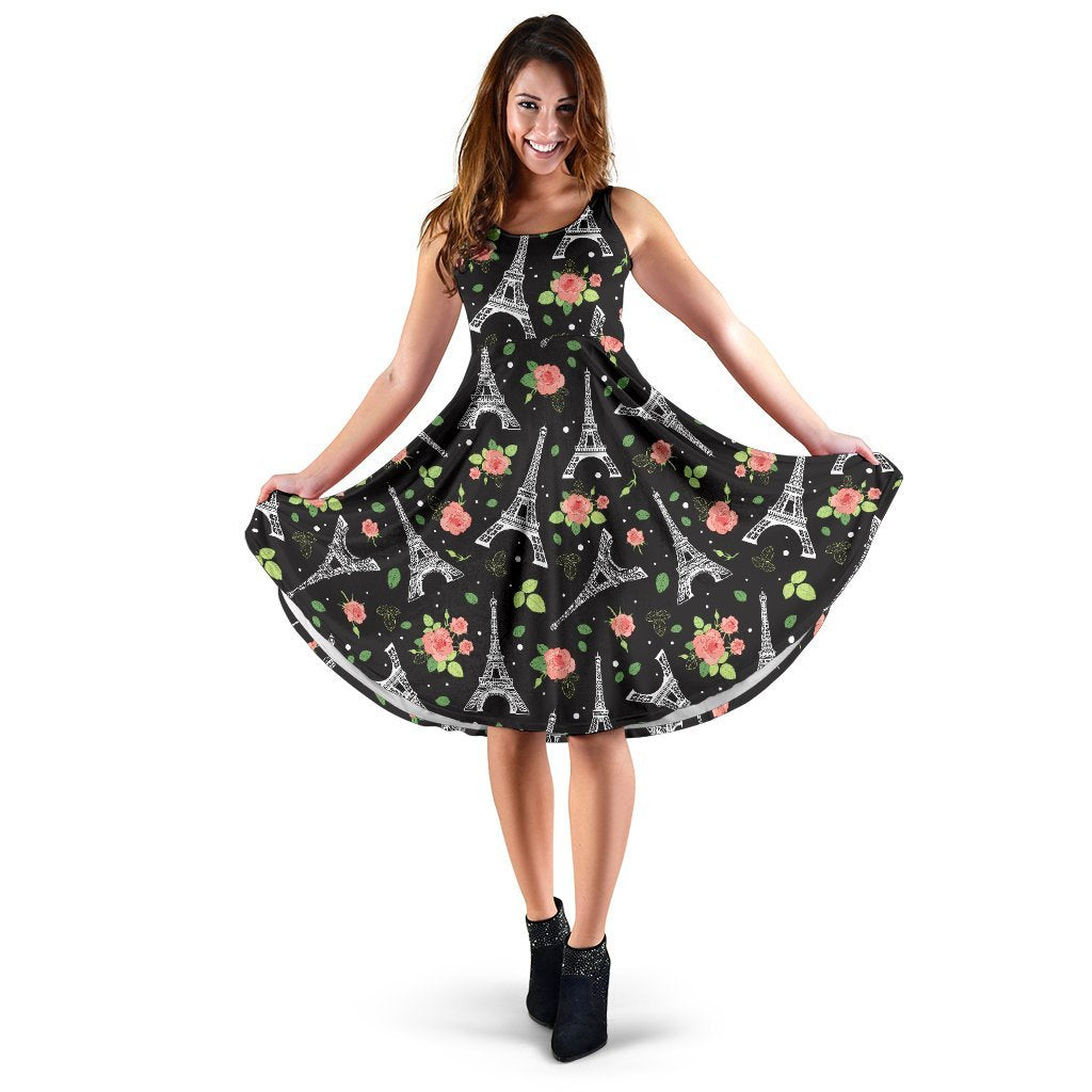 Eiffel Tower Rose Print Sleeveless Dress
