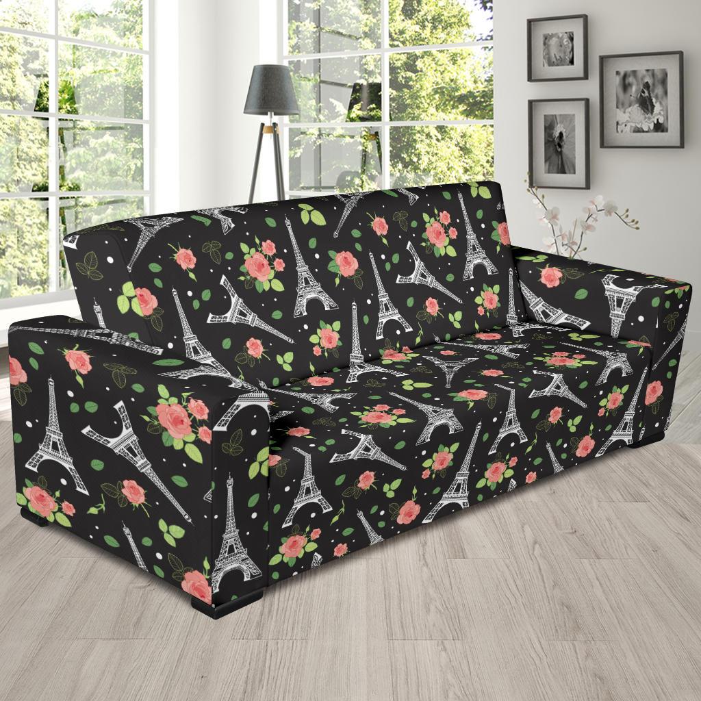 Eiffel Tower Rose Print Sofa Slipcover-JTAMIGO.COM