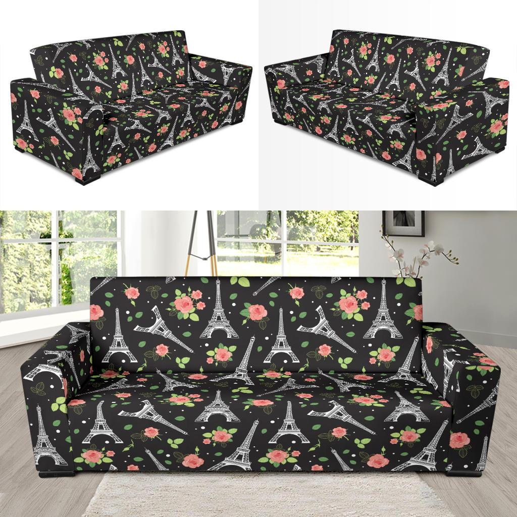 Eiffel Tower Rose Print Sofa Slipcover-JTAMIGO.COM