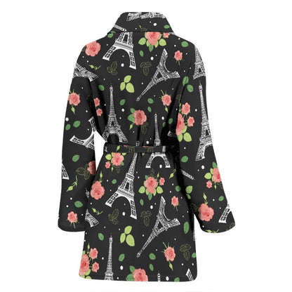 Eiffel Tower Rose Print Women Bath Robe-JTAMIGO.COM