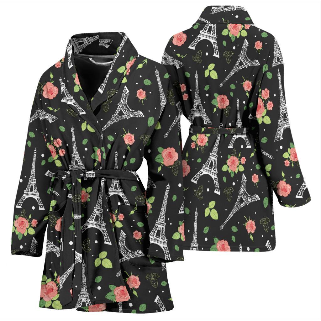Eiffel Tower Rose Print Women Bath Robe-JTAMIGO.COM