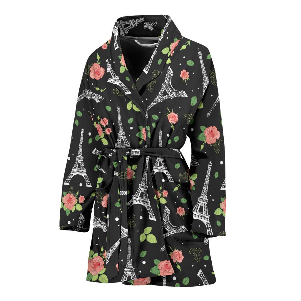 Eiffel Tower Rose Print Women Bath Robe-JTAMIGO.COM