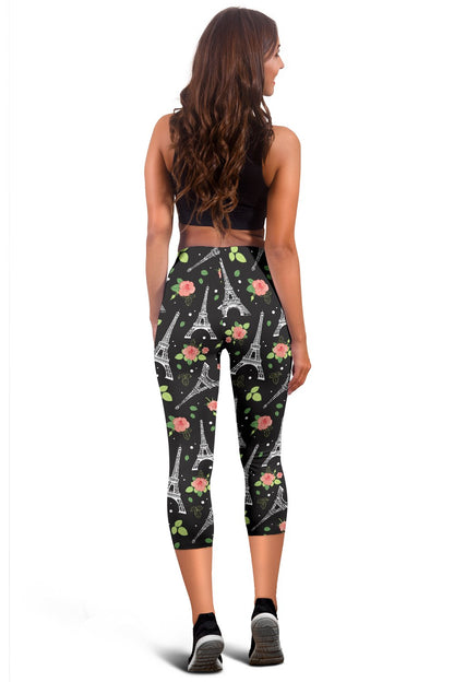 Eiffel Tower Rose Print Women Capris
