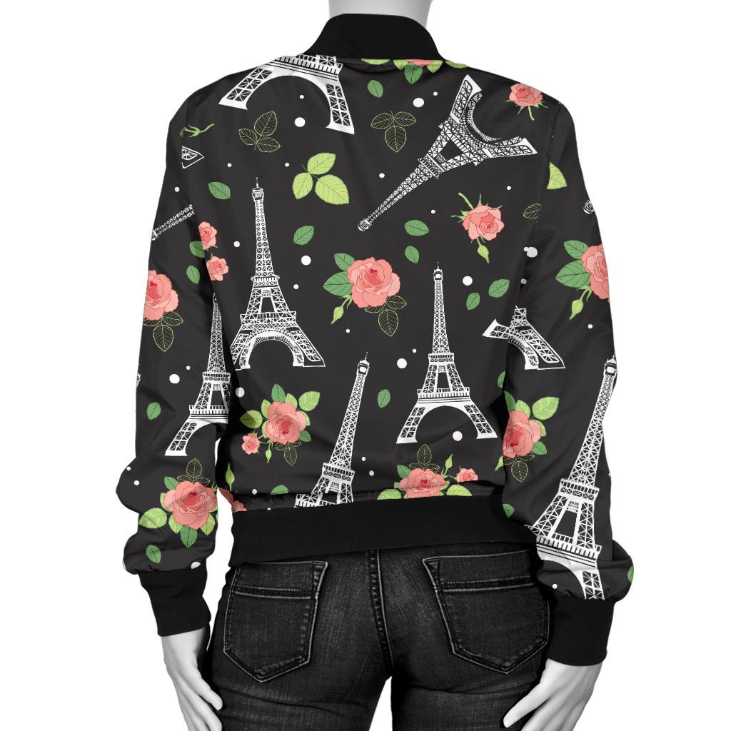 Eiffel Tower Rose Print Women Casual Bomber Jacket