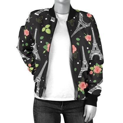 Eiffel Tower Rose Print Women Casual Bomber Jacket