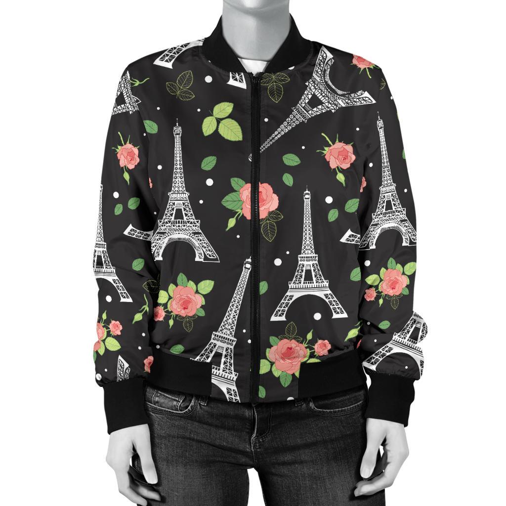 Eiffel Tower Rose Print Women Casual Bomber Jacket