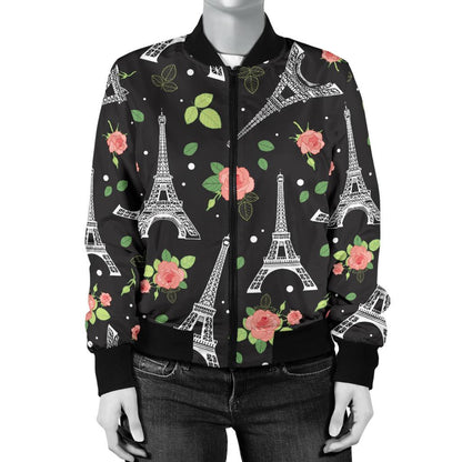 Eiffel Tower Rose Print Women Casual Bomber Jacket