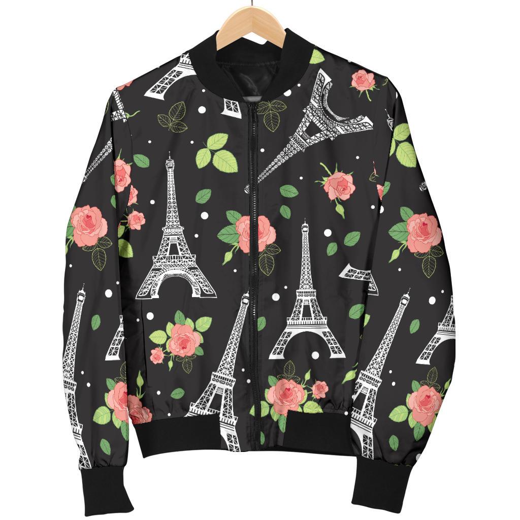 Eiffel Tower Rose Print Women Casual Bomber Jacket