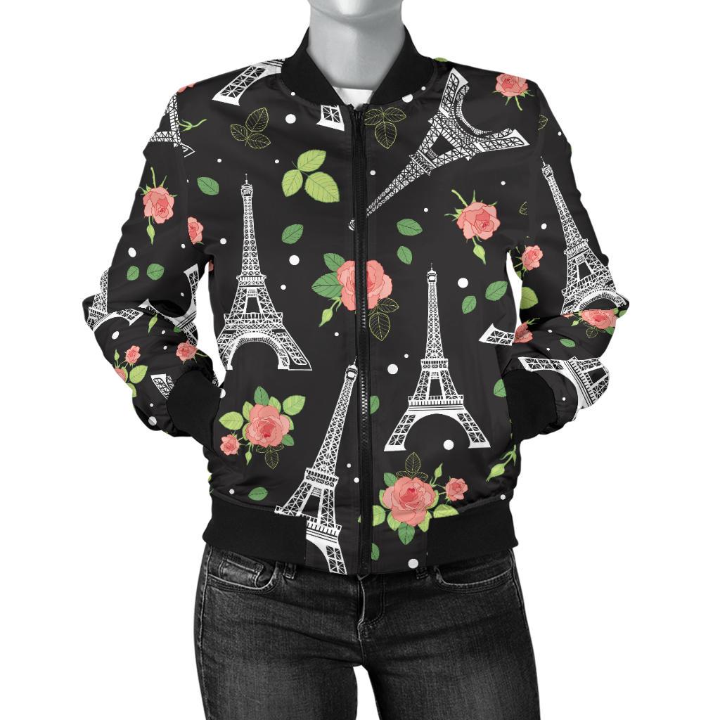 Eiffel Tower Rose Print Women Casual Bomber Jacket
