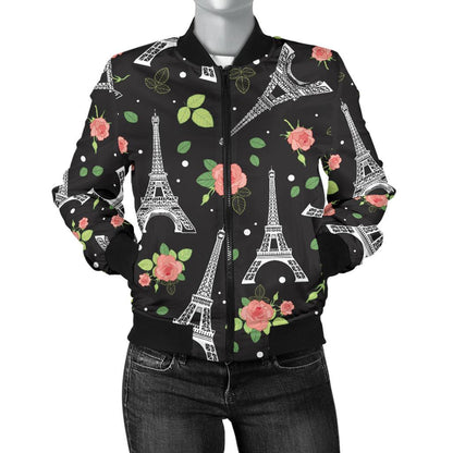 Eiffel Tower Rose Print Women Casual Bomber Jacket