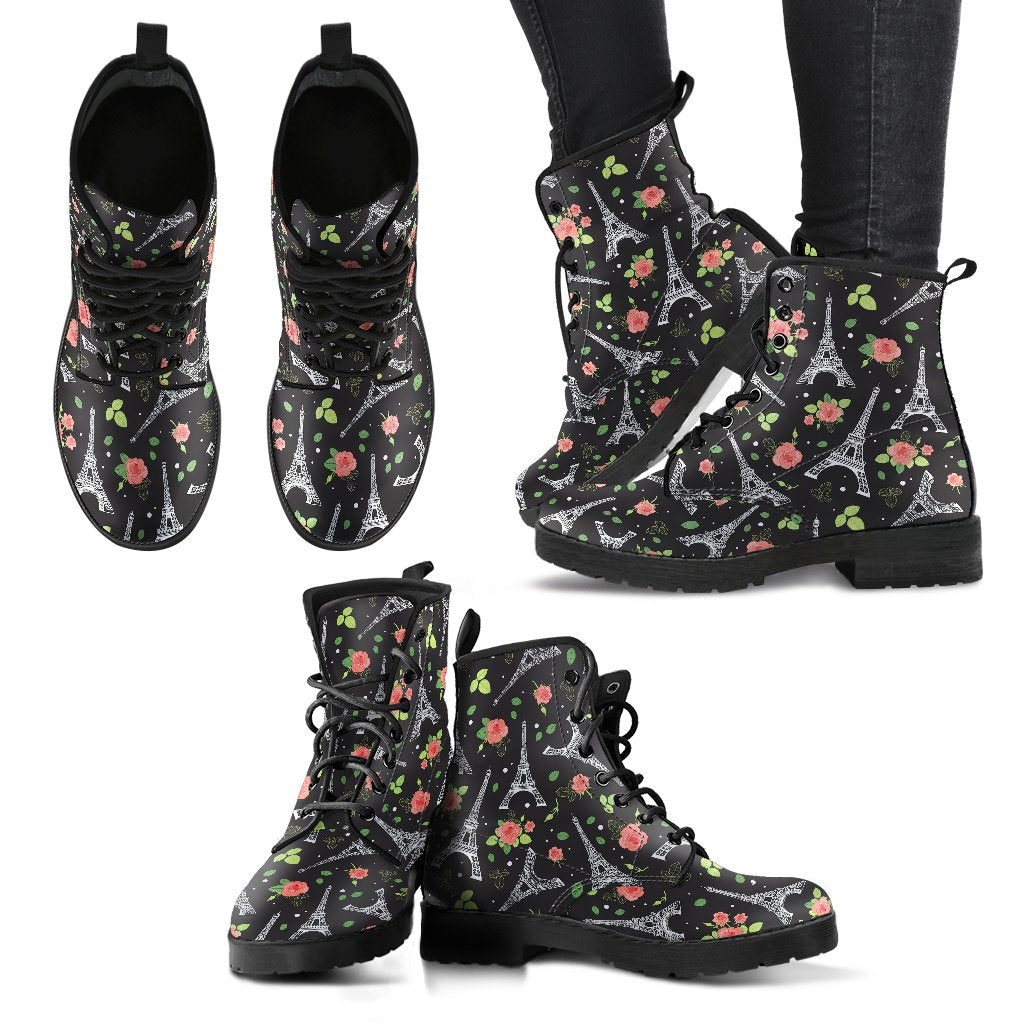 Eiffel Tower Rose Print Women Leather Boots-JTAMIGO.COM