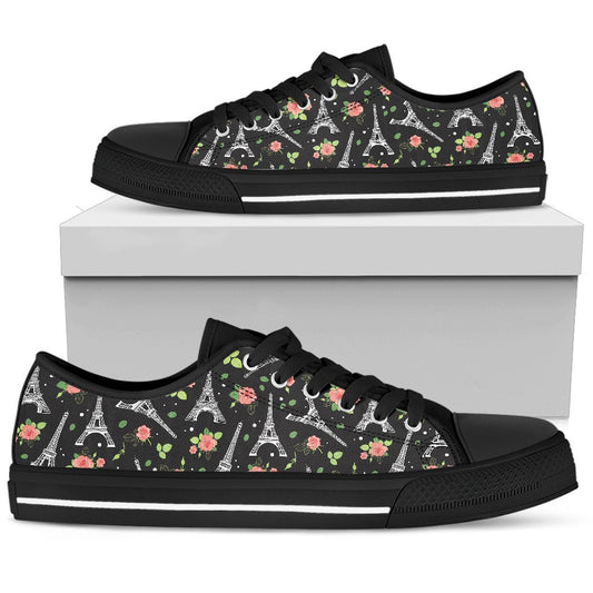 Eiffel Tower Rose Print Women Low Top Shoes