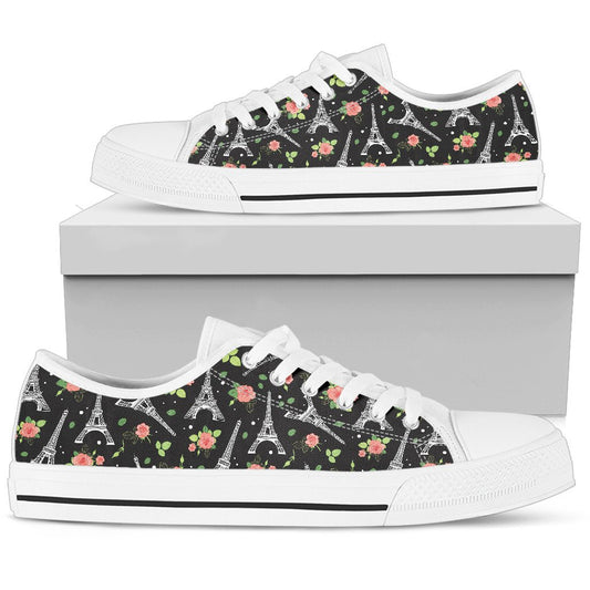 Eiffel Tower Rose Print Women Low Top Shoes