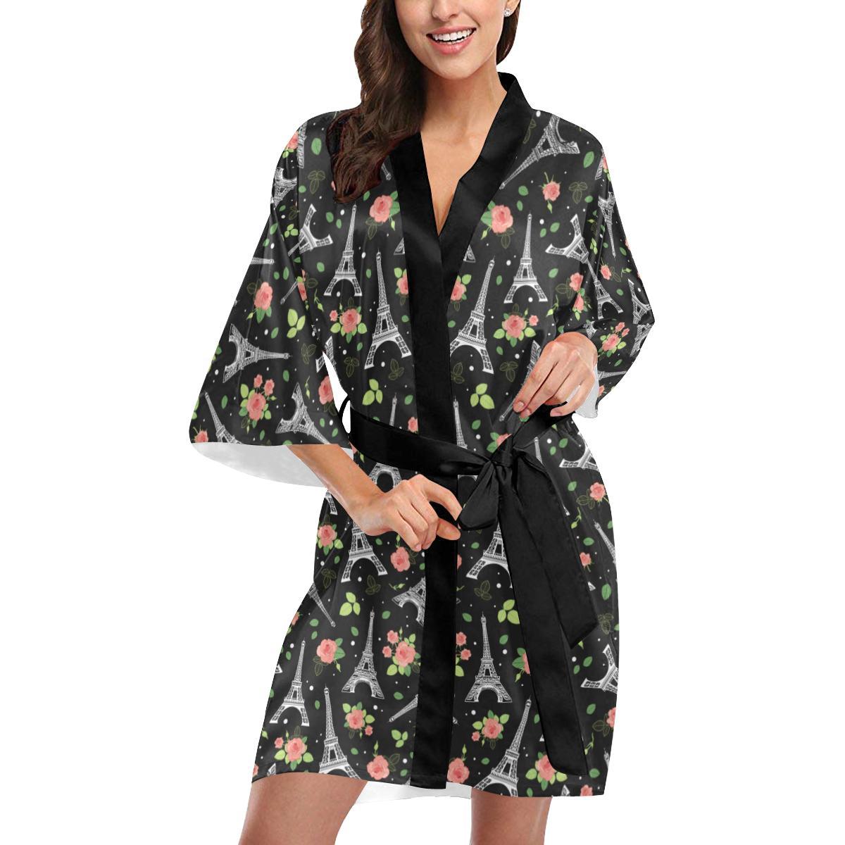 Eiffel Tower Rose Print Women Short Kimono Robe