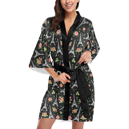 Eiffel Tower Rose Print Women Short Kimono Robe
