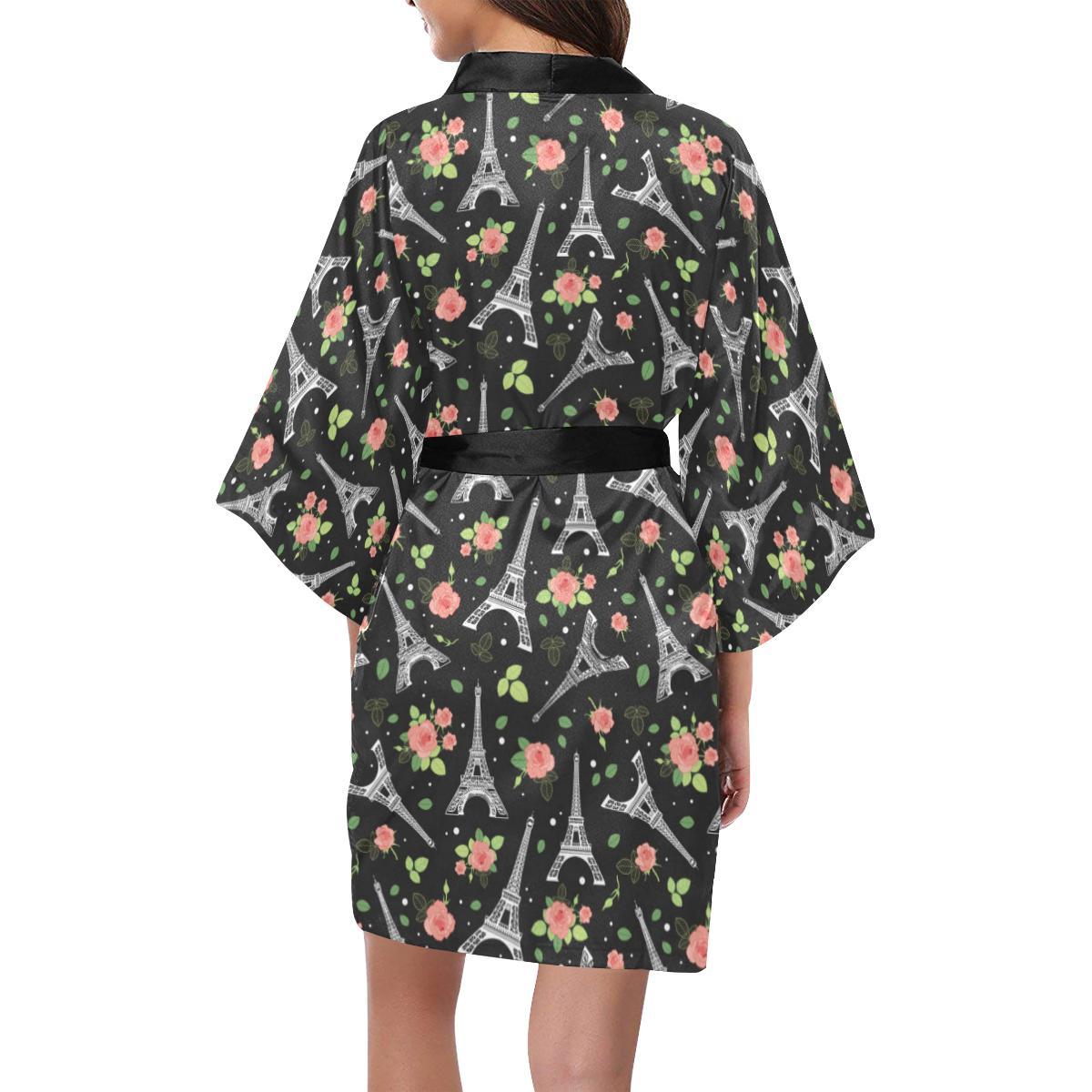 Eiffel Tower Rose Print Women Short Kimono Robe