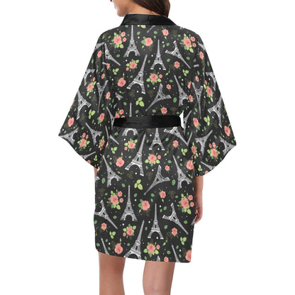 Eiffel Tower Rose Print Women Short Kimono Robe